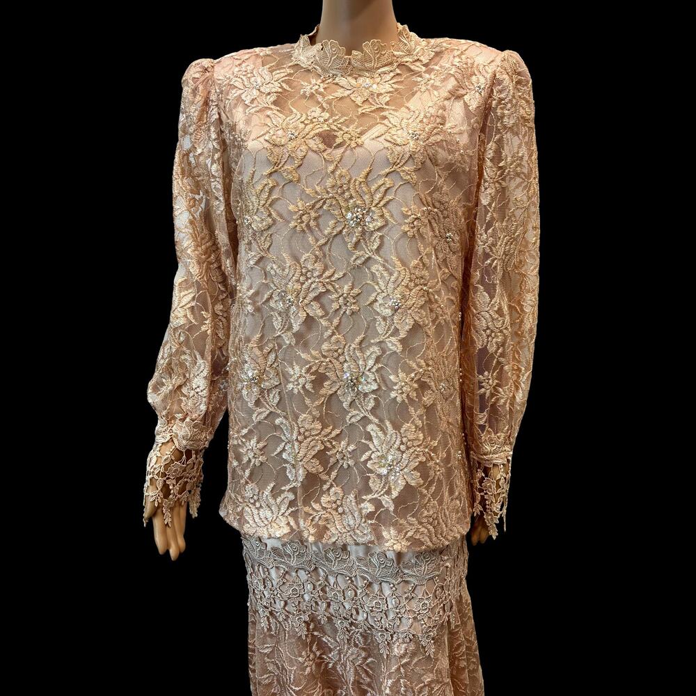 Vintage 80s Lace Bridal Dress Champagne Romantic Victorian Drop Waist - Picture 14 of 14